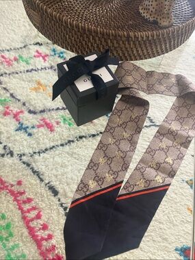 Gucci Beige Brown GG Monogram Silk Scarf with Black Ends and Red Stripe